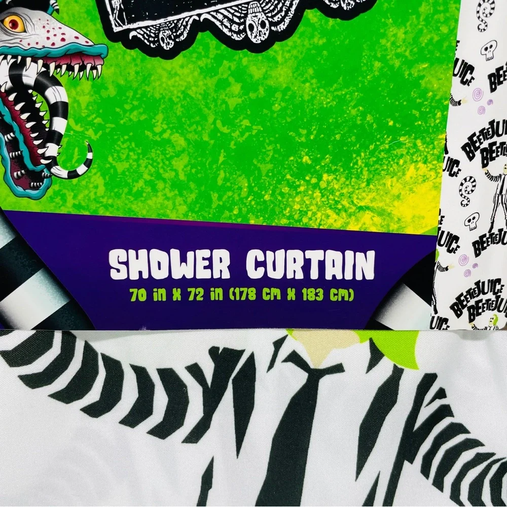 NEW Beetlejuice Shower Curtain White Striped Suit Sandworm Graphic 70 x 72